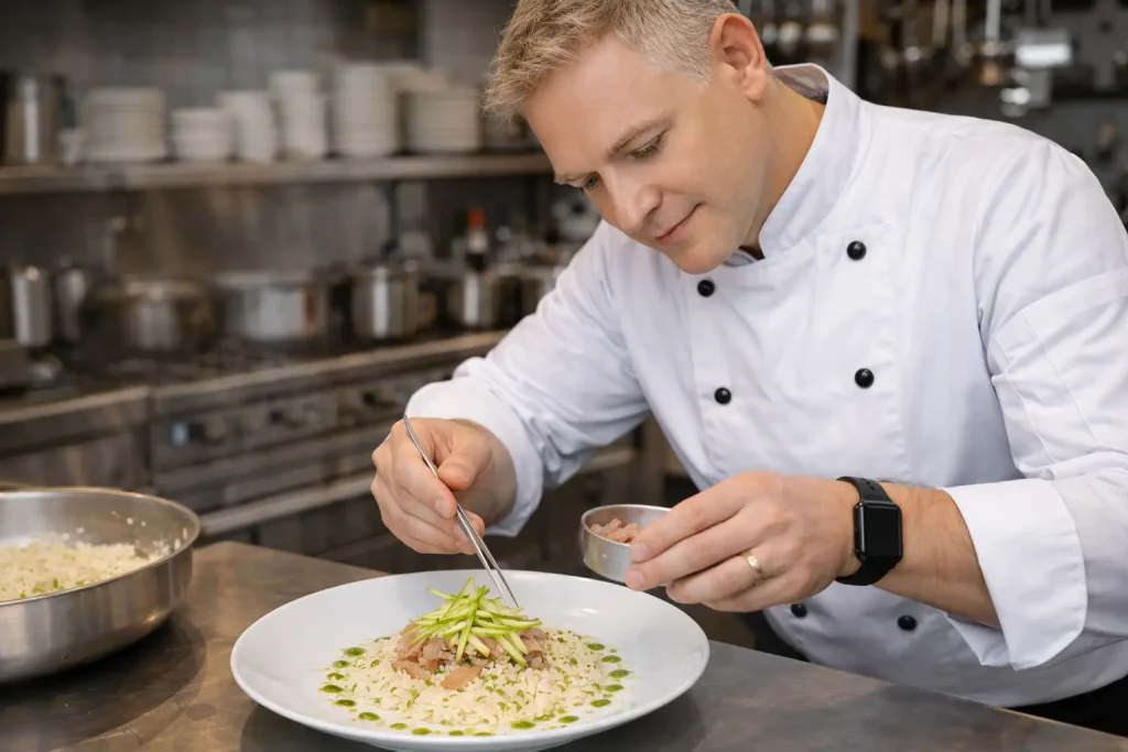 Piatto finito di risotto al parmigiano con aringa affumicata, julienne di mela verde e gocce di olio all’erba cipollina