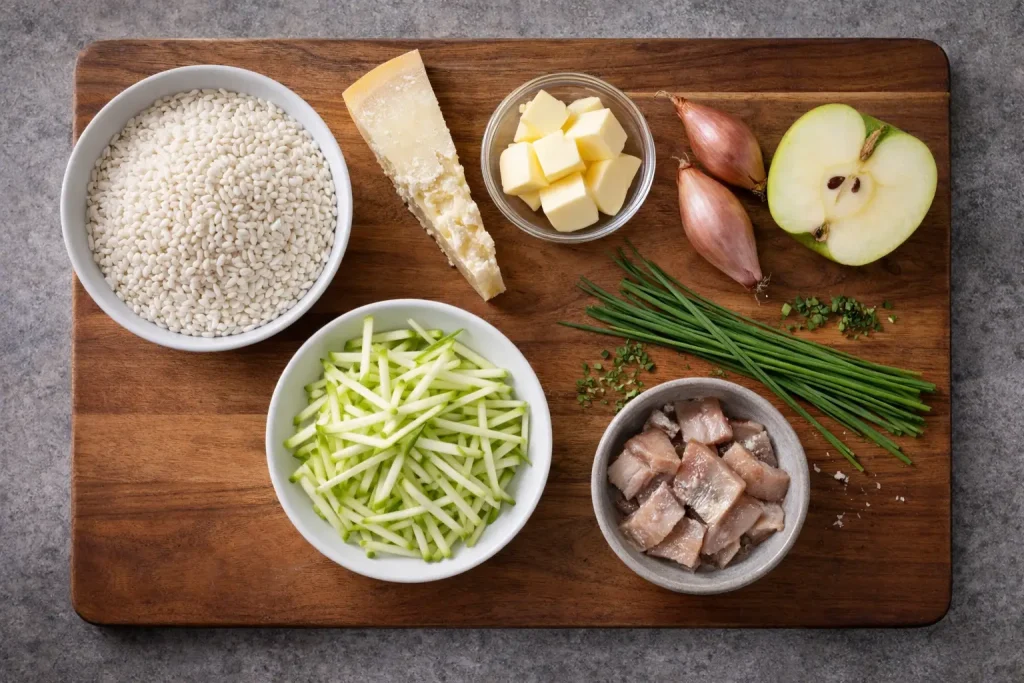 Riso Carnaroli, Parmigiano, burro, scalogno, mela verde, aringa affumicata ed erba cipollina pronti sul tagliere