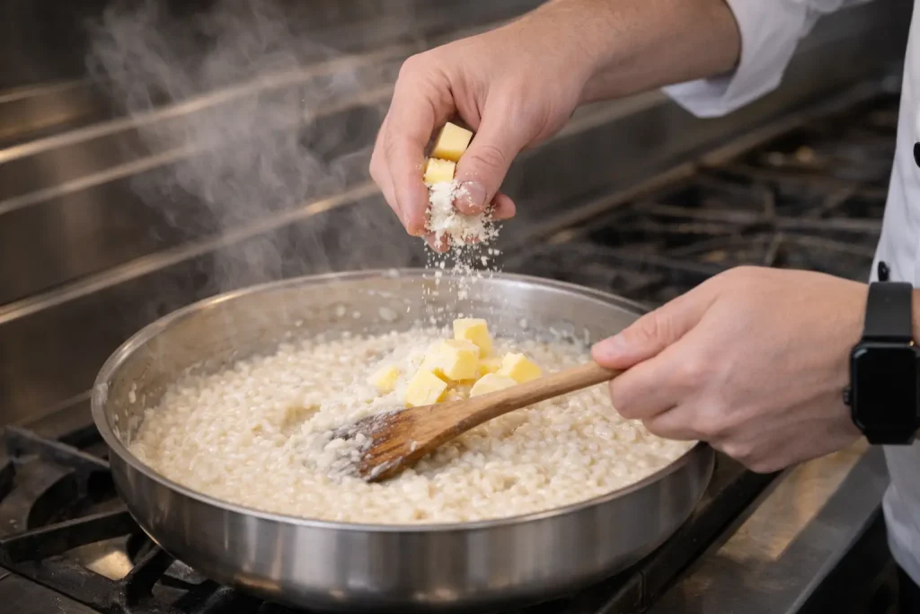Mantecatura del risotto al parmigiano con burro freddo e Parmigiano per ottenere la consistenza all’onda