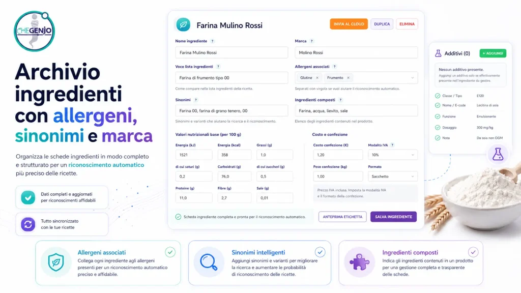 Archivio ingredienti con marca, sinonimi e allergeni evidenziati