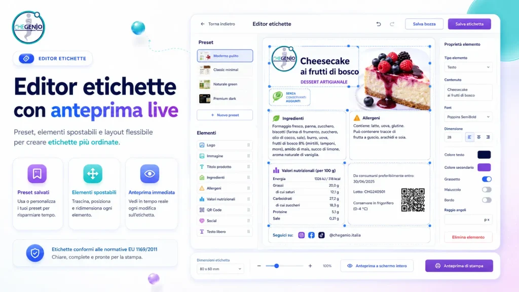 Editor etichette con drag and drop e anteprima live
