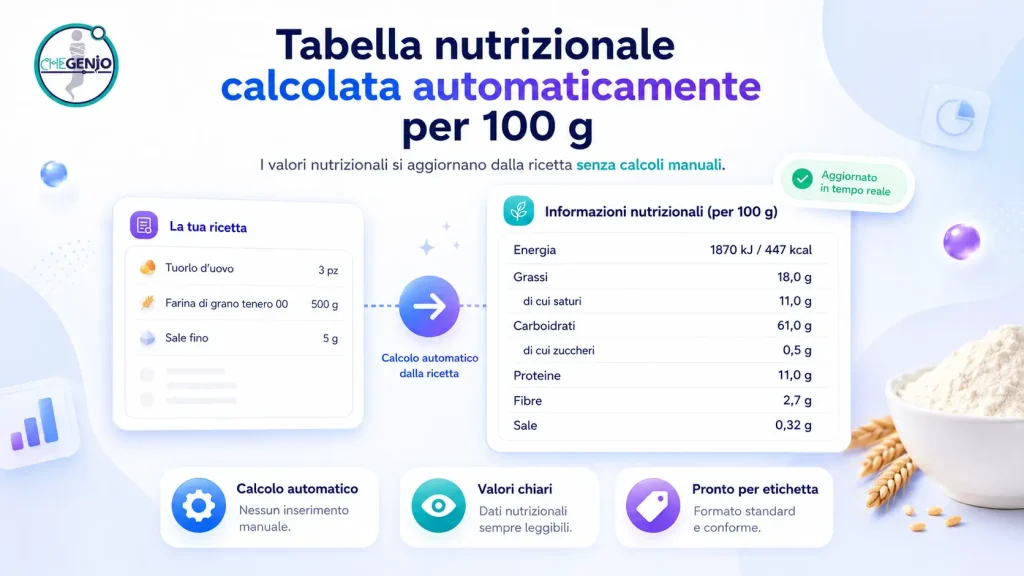 Ricetta con tabella nutrizionale automatica per 100 grammi