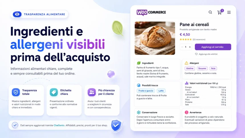 Scheda prodotto WooCommerce con ingredienti e allergeni ordinati