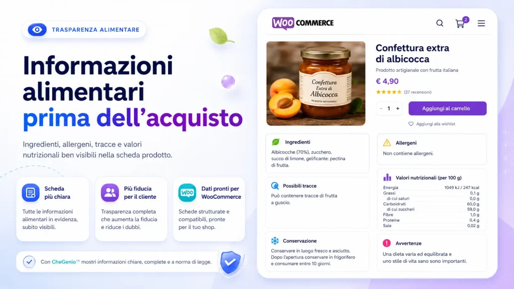 Scheda WooCommerce con valori nutrizionali e allergeni visibili